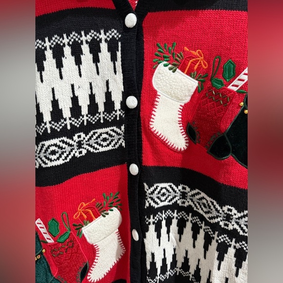 Women's Festive Red Black Sweater Holiday Christmas Furry Collar Fabric Buttons - Picture 4 of 7